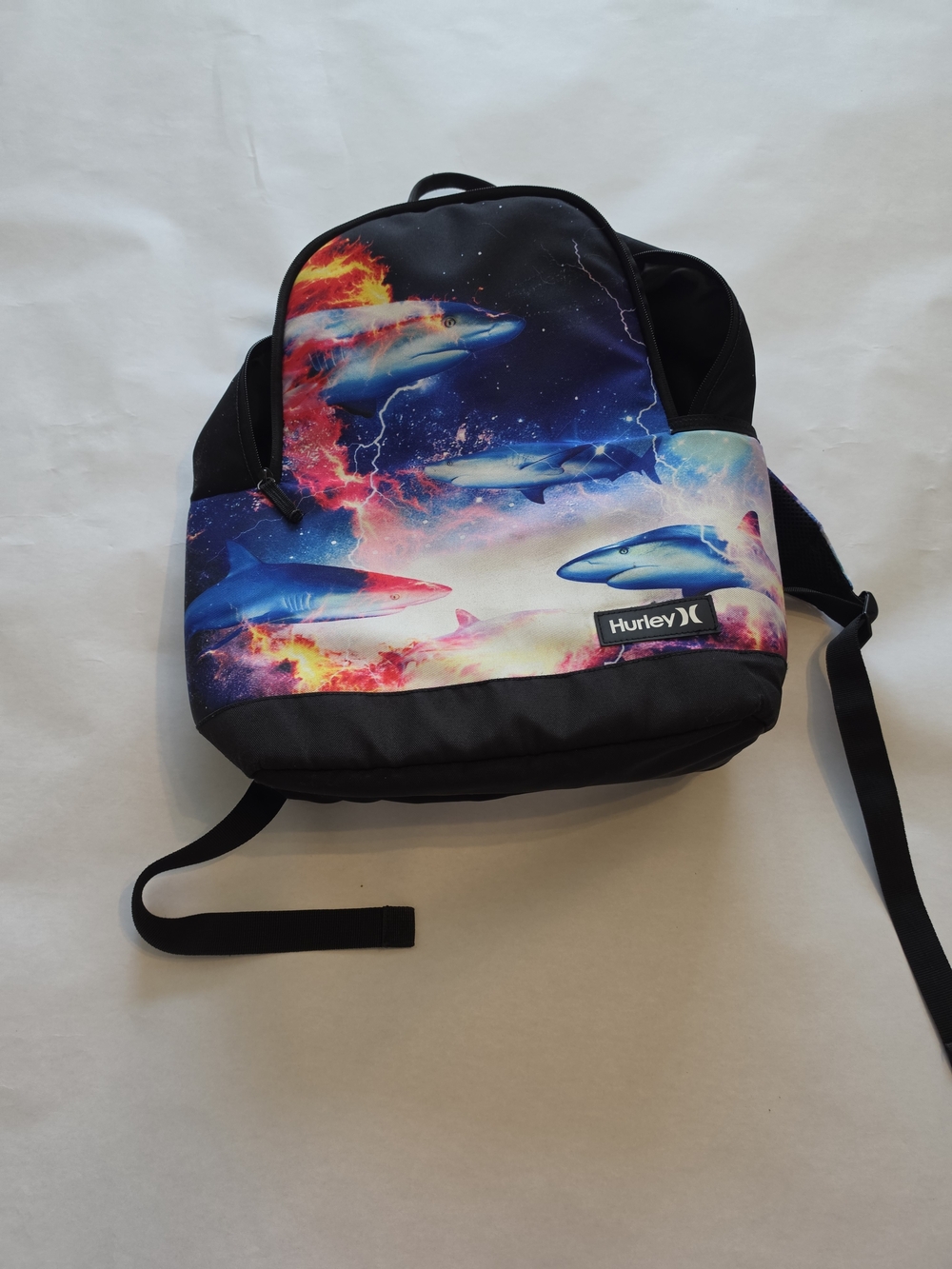 Hurley Men's Black Backpack with Multicolor Shark Graphic